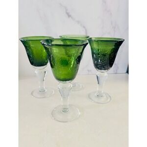 Vintage Green Glass Goblets Set of 4 Hand Blown Style Bubble Glass, 8.5"